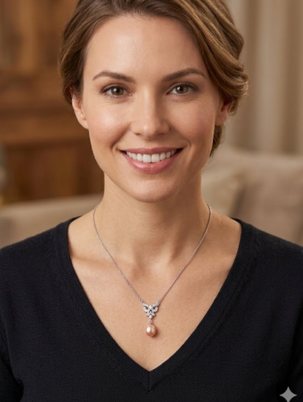 Cultured Ivory Pearl Clear Crystal Accent Pendant Necklace 16" Silver Tone Chain